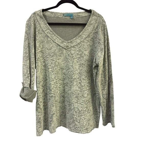 Fresh Produce Tops - Fresh Produce Green Long Sleeve V-Neck Top XL/XXL 100% Cotton Pattern Womens